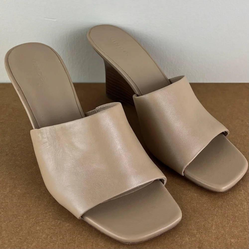 NEW VINCE BEIGE LEATHER WEDGE SANDALS - Picture 2 of 12